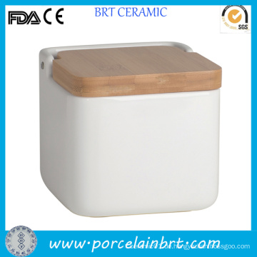 Square White Bambus Deckel Keramik Lebensmittel Lagerung Jar